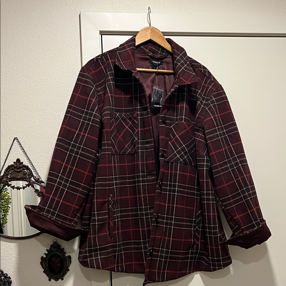torrid Burgundy Plaid Button-Front Pea Coat